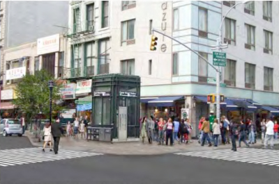 A rendering of a curb extension at Canal and Lafayette Streets.