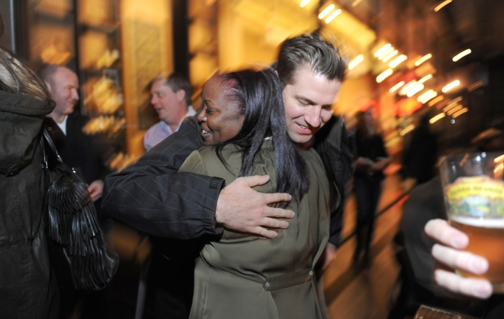 Amy gets a hug from another neighbor, Will Dersch. Amy gets a hug from another neighbor, Will Dersch.