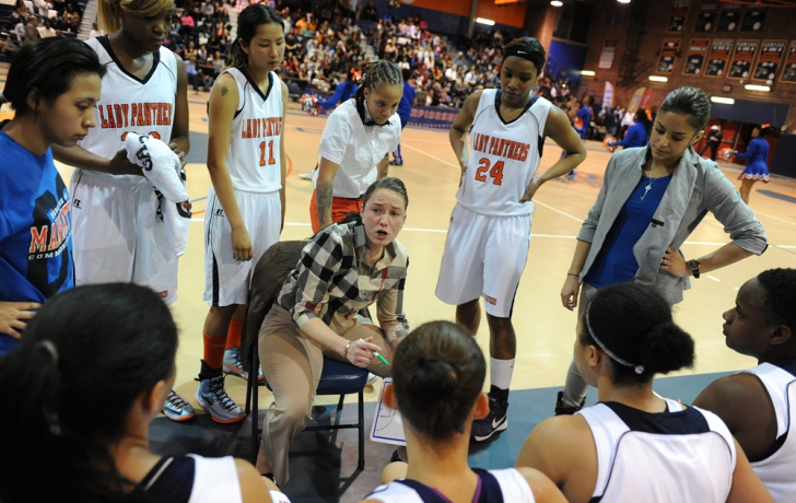 In the tense remaining minutes, Coach Veronica Sherman tries to rally the Panthers to break the Hostos momentum. Hostos had a 23-3 drive in the second half. Photo: Carl Glassman/Tribeca Trib In the tense remaining minutes, Coach Veronica Sherman tries to rally the Panthers to break the Hostos momentum. Hostos had a 23-3 drive in the second half. Photo: Carl Glassman/Tribeca Trib