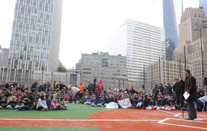 Little League president Bill Martino tells the crowd, "It's very important that we honor these fields." Carl Glassman/Tribeca Trib Little League president Bill Martino tells the crowd, "It's very important that we honor these fields." Carl Glassman/Tribeca Trib