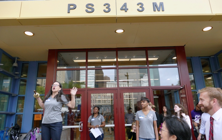Principal Maggie Siena prepares to ring the bell, starting the very first school day of P.S. 343. Photo: Carl Glassman/Tribeca Trib Principal Maggie Siena prepares to ring the bell, starting the very first school day of P.S. 343. Photo: Carl Glassman/Tribeca Trib