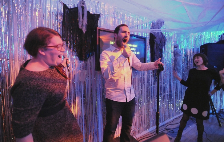 Lindsey Weber (left) gets some help from a fellow "Scaryoke!" singer with a Kanye West tune. Photo: Carl Glassman/Tribeca Trib Lindsey Weber (left) gets some help from a fellow "Scaryoke!" singer with a Kanye West tune. Photo: Carl Glassman/Tribeca Trib