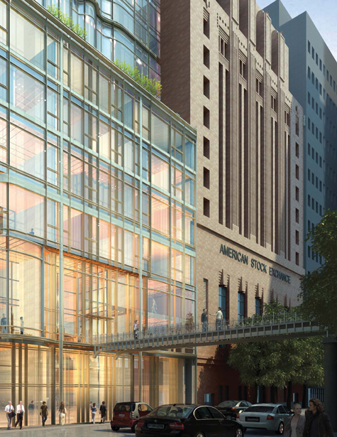 The podium of Trinity's proposed glass tower that will consolidate Trinity offices under one roof. The current footbridge will remain and connect the new building to the church across Trinity Place. Rendering: Trinity Wall Street