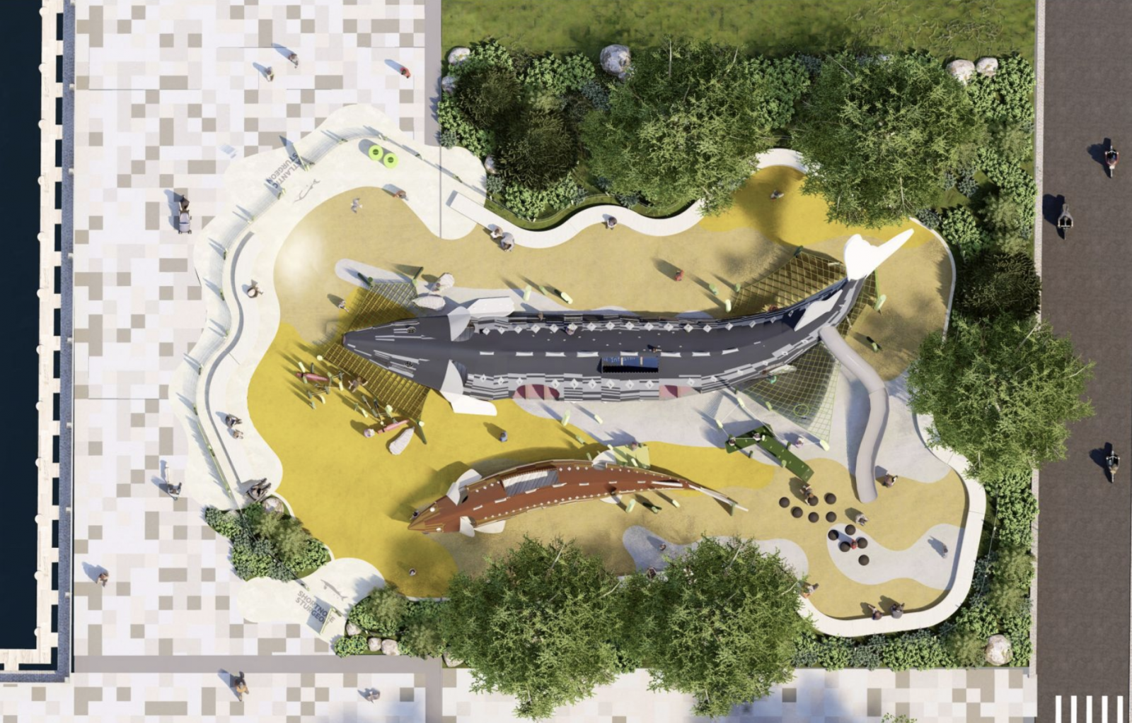 Rendering of the Hudson River Park’s completed marine science-themed playground, to open in the fall. Rendering: Hudson River Park Trust
